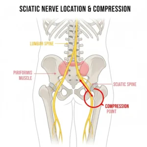 Anatomical illustration of the lower back and leg, showing the typical compression points of the sciatic nerve, relevant to a supportive sciatica chair.