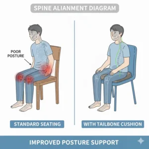 An anatomical illustration of the human spine properly aligned using a supportive tailbone pain cushion.