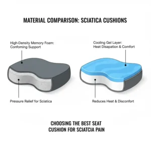 Comparing cross-sections of memory foam and cooling gel, showing why the material matters when selecting the best seat cushion for sciatica pain.