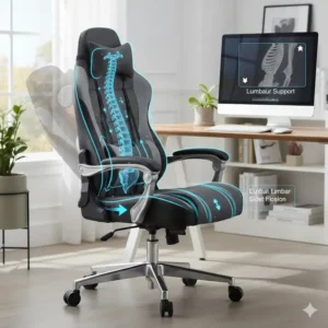 An image highlighting the adjustable lumbar support cushion on the back of the reclining computer chair, designed for lower back pain relief.