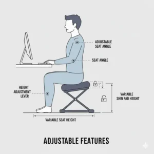 Diagram showing the adjustable height and seat angle features of a modern ergonomic kneeling stool.