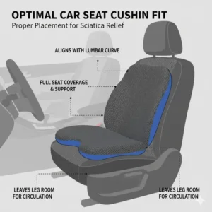 Diagram demonstrating the proper placement and fit of a supportive car seat cushion to ensure optimal alignment and effectiveness against sciatica discomfort.