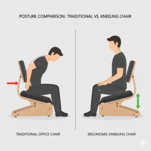 Comparative infographic between a standard office chair and a kneeling chair with back support for pelvic tilt.
