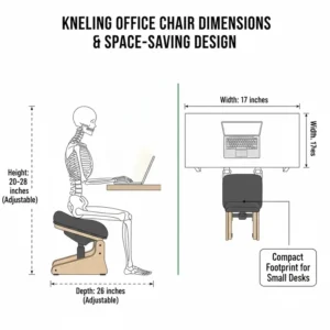 Technical drawing of kneeling office chair dimensions showing its compact space-saving design for small offices.
