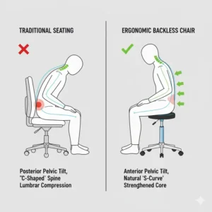 Scientific illustration showing natural lumbar curvature supported by an ergonomic backless chair.
