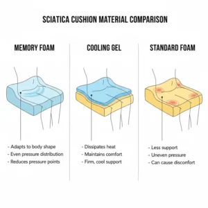 Comparison graphic of different materials, like memory foam or cooling gel, used in a supportive seat cushion for a sciatica chair.