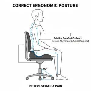 Diagram illustrating the correct ergonomic sitting posture achieved with the best seat cushion for sciatica pain, showing a straight spine and pelvic alignment.