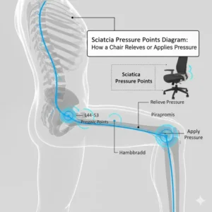 Medical diagram highlighting key pressure points on the lower back and glutes that a supportive seat on the best chair for sciatica pain must address.