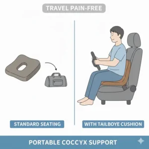 A lifestyle illustration showing the portability of a tailbone pain cushion for use in a car or during travel.