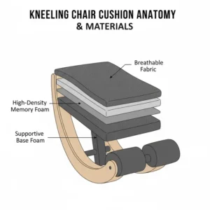 Illustration of the high-density foam padding and breathable fabric used on kneeling office chair seats and knee rests.