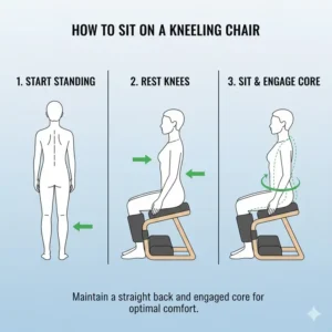 Step-by-step illustration demonstrating the correct way to sit on kneeling chairs for maximum comfort.