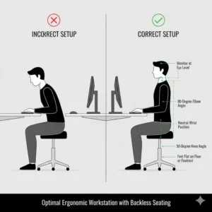 Infographic of a complete ergonomic workstation featuring an ergonomic backless chair for proper posture.