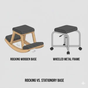 Comparison illustration between a rocking base and a stationary wheeled frame for an ergonomic kneeling stool.