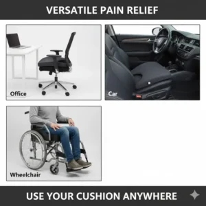 Versatility shot of the best seat cushion for sciatica pain being used on an office chair, car seat, and wheelchair, demonstrating portable relief.