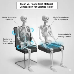 Comparison showing highly supportive foam next to breathable mesh material, both viable seat options in the search for the best chair for sciatica pain.