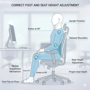 Illustration of correct foot placement and seat height when using the best office chair for tailbone pain.