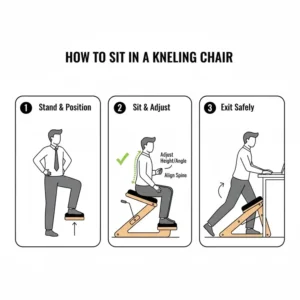 Step-by-step visual guide on the correct way to sit in and get out of a kneeling office chair.