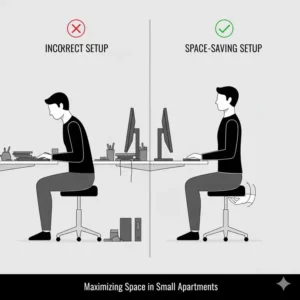 Compact home office design showing how an ergonomic backless chair fits easily under a small desk.