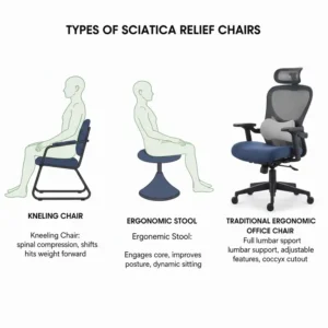 Grouping of various sciatica chair types, including kneeling chairs and ergonomic options, designed to minimize pressure on the hips and spine.