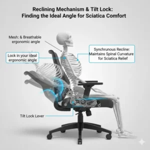 Cross-section view of a chair's tilt and recline lock, allowing users to find the ideal posture for using the best chair for sciatica pain.