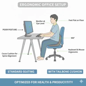 An illustration of a complete ergonomic office setup featuring a tailbone pain cushion to reduce back strain.