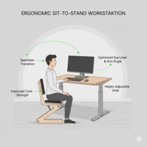 An ergonomic workstation showing a height-adjustable desk paired with a kneeling chair with back support.