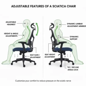 Graphic detailing the adjustable components of a sciatica chair, such as seat depth, armrests, and dynamic lumbar support.