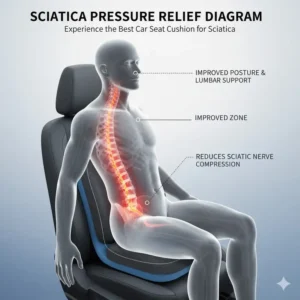 Infographic illustrating how a therapeutic cushion redistributes weight to relieve pressure on the sciatic nerve, making it the best car seat cushion for sciatica.