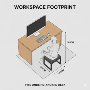 Workspace clearance illustration showing how a compact ergonomic kneeling stool fits perfectly under a standard desk.