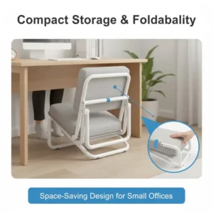 Illustration of a collaborative workspace featuring a height-adjustable standing desk and kneeling chairs.
