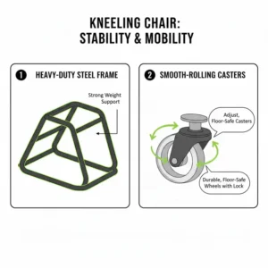 Illustration of the sturdy steel frame and smooth-rolling caster wheels on a mobile kneeling office chair.