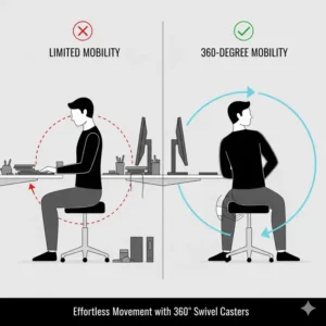 Graphic showing the 360-degree swivel and smooth movement of an ergonomic backless chair on wheels.