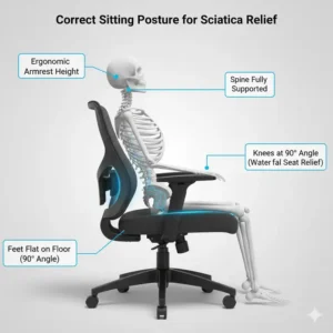 Infographic demonstrating the proper ergonomic sitting posture (90-degree knees, feet flat) when utilizing the best chair for sciatica pain.