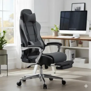 A person comfortably working at a computer desk while sitting in the ergonomic reclining computer chair in a standard upright position.