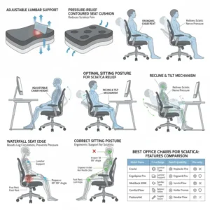 Diagram showing the dynamic adjustable lumbar support system, a critical feature in finding the best office chair for sciatica relief