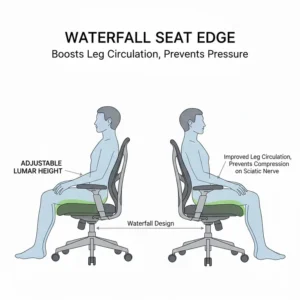 Detail shot of a curved 'waterfall' seat edge, promoting blood circulation and making it the best office chair for sciatica relief.