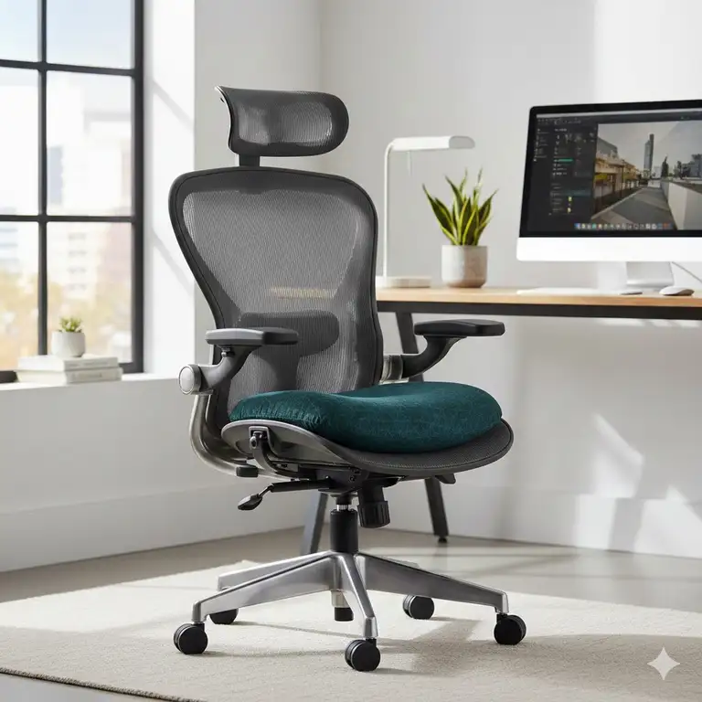 A high-back ergonomic office chair for neck pain with an adjustable headrest for professional workspace comfort.