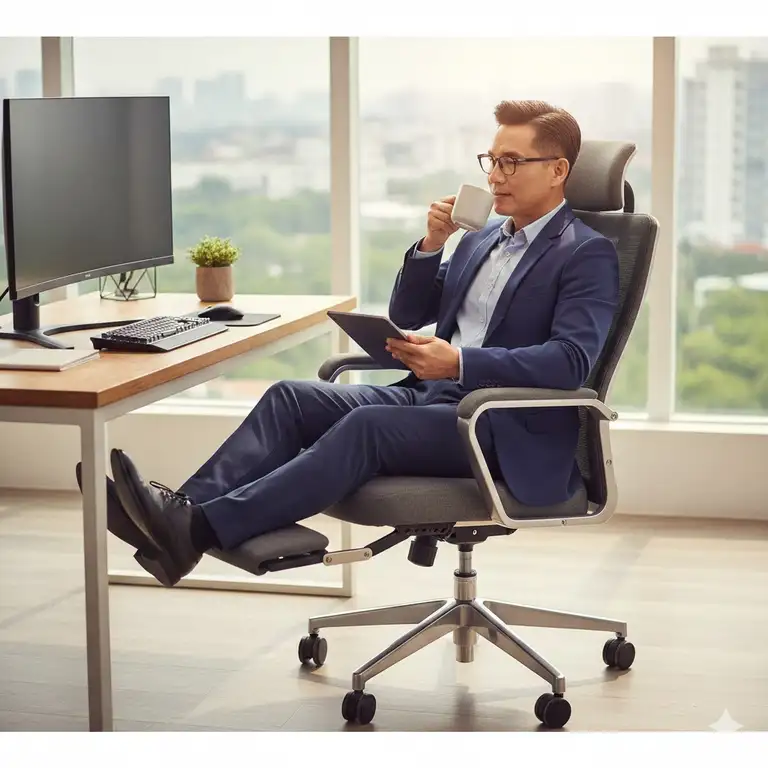 A professional executive in a modern office sitting in the best reclining office chair with a footrest.