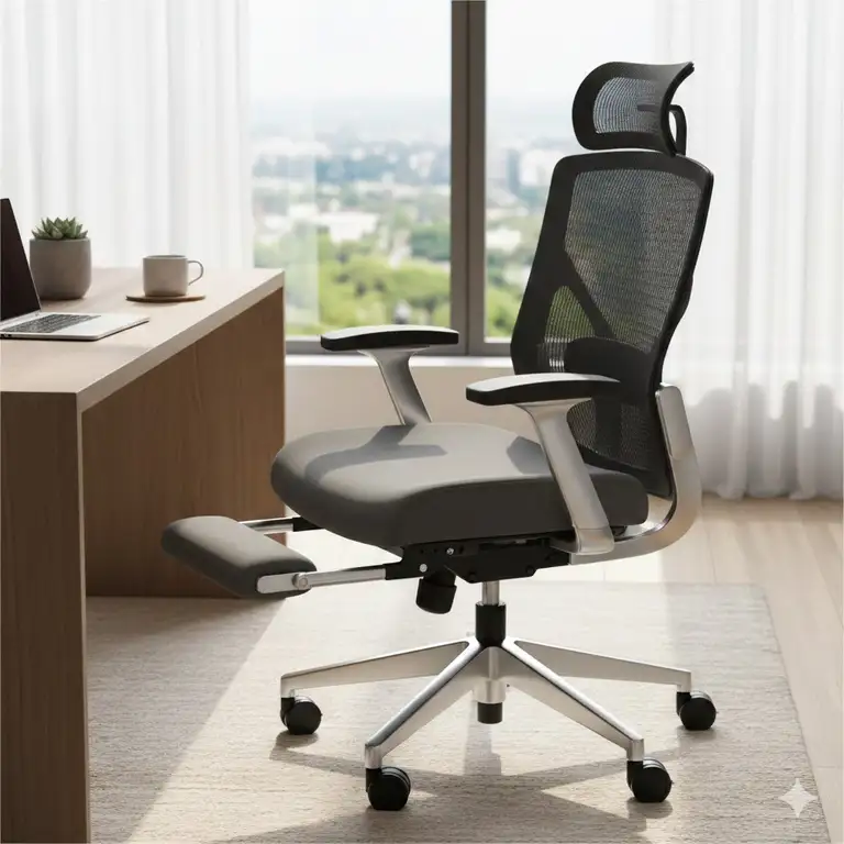 A modern office setup featuring a premium desk chair with leg rest and mesh backrest.