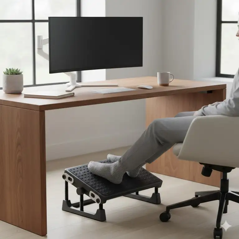 A modern home office workspace featuring an ergonomic adjustable footrest under the desk.