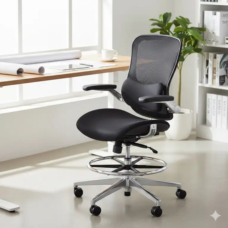 A modern office setup featuring a high-quality ergonomic drafting chair placed next to a professional standing desk.