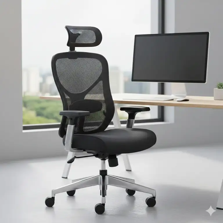 A professional high back office chair with headrest in a modern workspace.