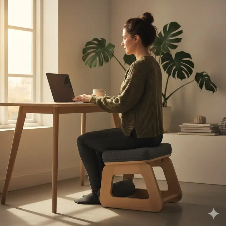A professional woman working at a desk using ergonomic chairs for back support kneeling to maintain a healthy posture.