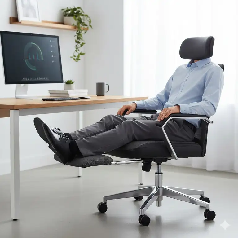 A modern ergonomic office setting featuring high-quality footrest chairs with a retractable leg rest extended for comfort.