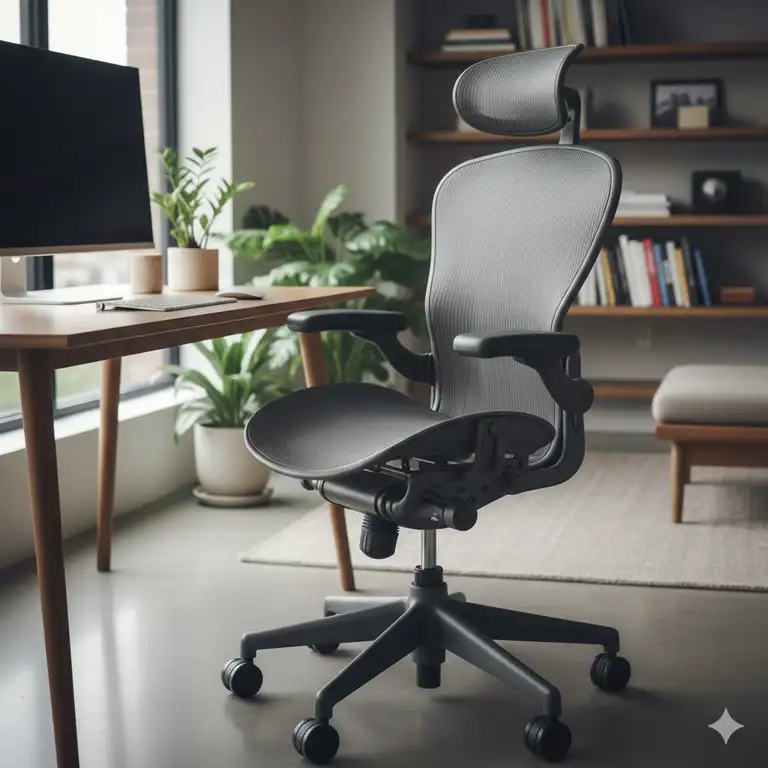 A premium Herman Miller office chair with a professional aeron headrest attached.