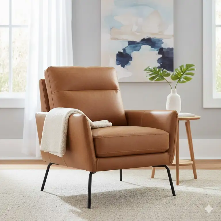 A modern tan faux leather accent chairs with black metal legs in a bright living room.