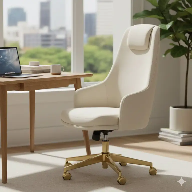 Modern cream office chair with an ergonomic high back and gold base in a bright home office.