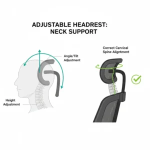 Detailed illustration of an adjustable headrest on an office chair for neck pain to support the cervical spine.