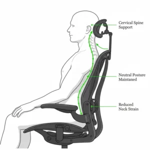 An ergonomic diagram showing how the aeron headrest supports correct neck posture.