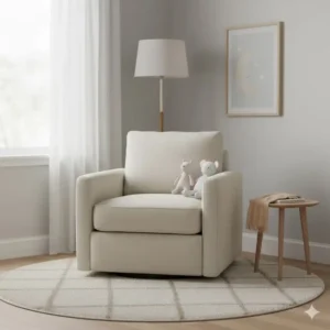 Comfortable beige accent chairs with a swivel base styled in a neutral nursery.